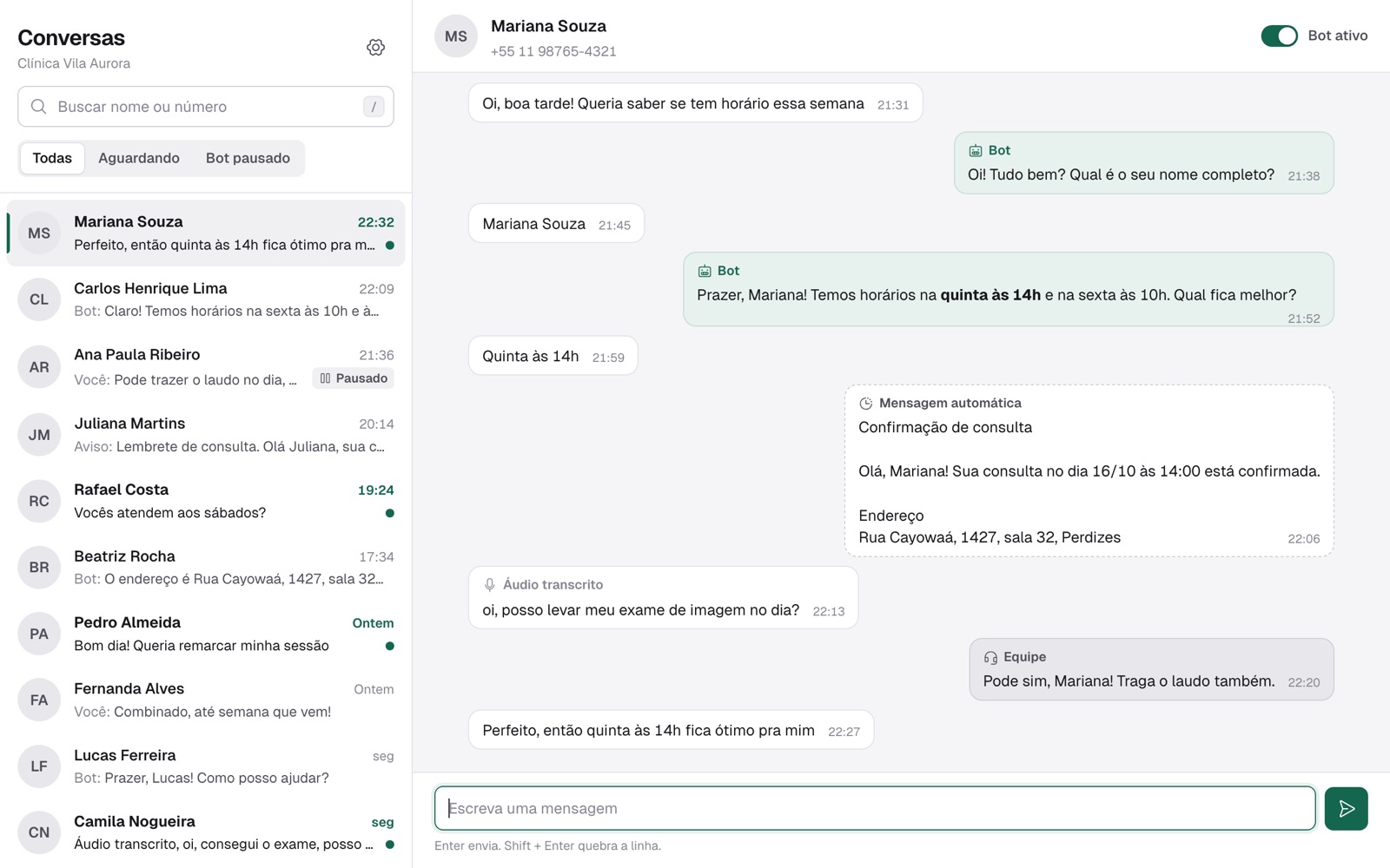 Painel do GoChatbot com a lista de conversas e uma conversa aberta